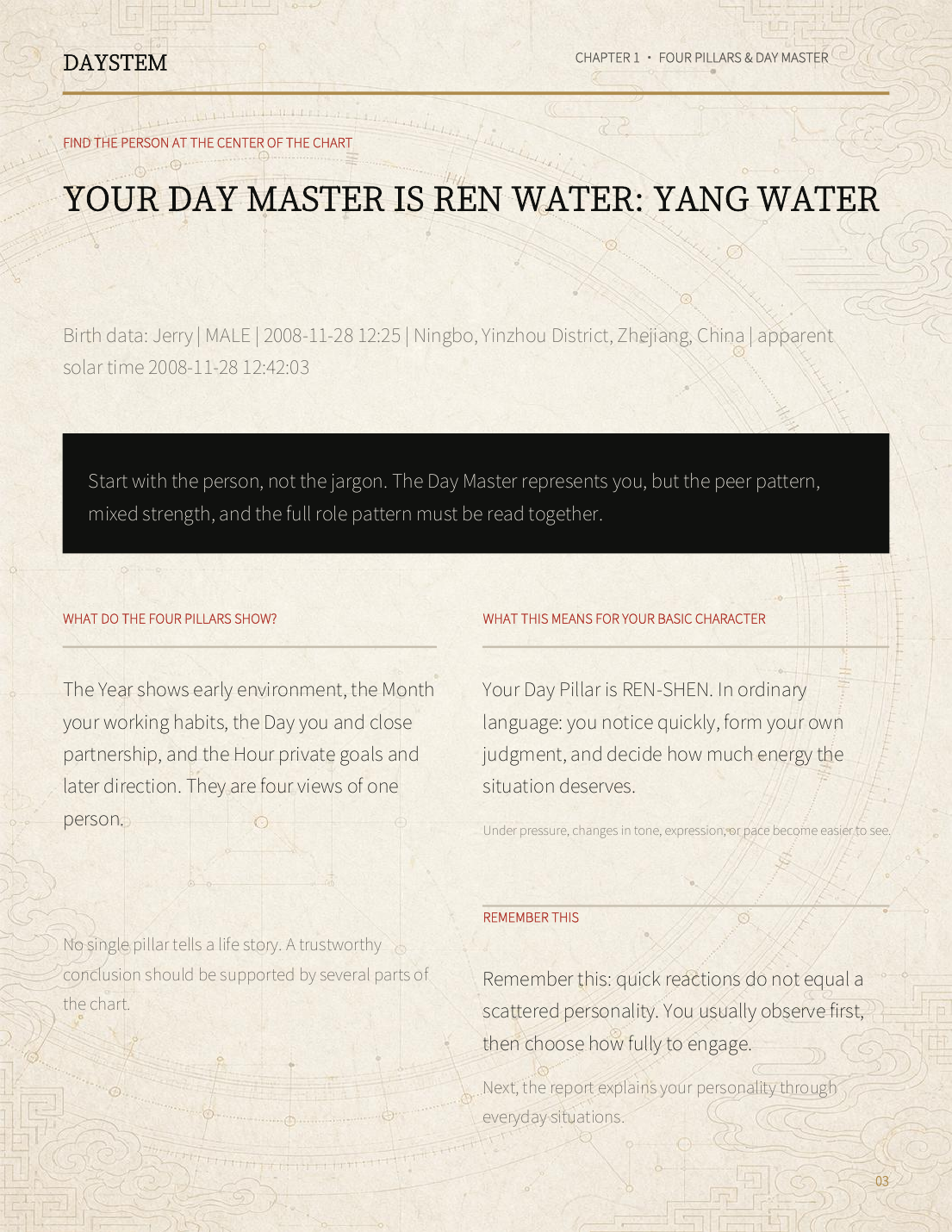 Older DAYSTEM sample report page 3 explaining the Four Pillars and Day Master