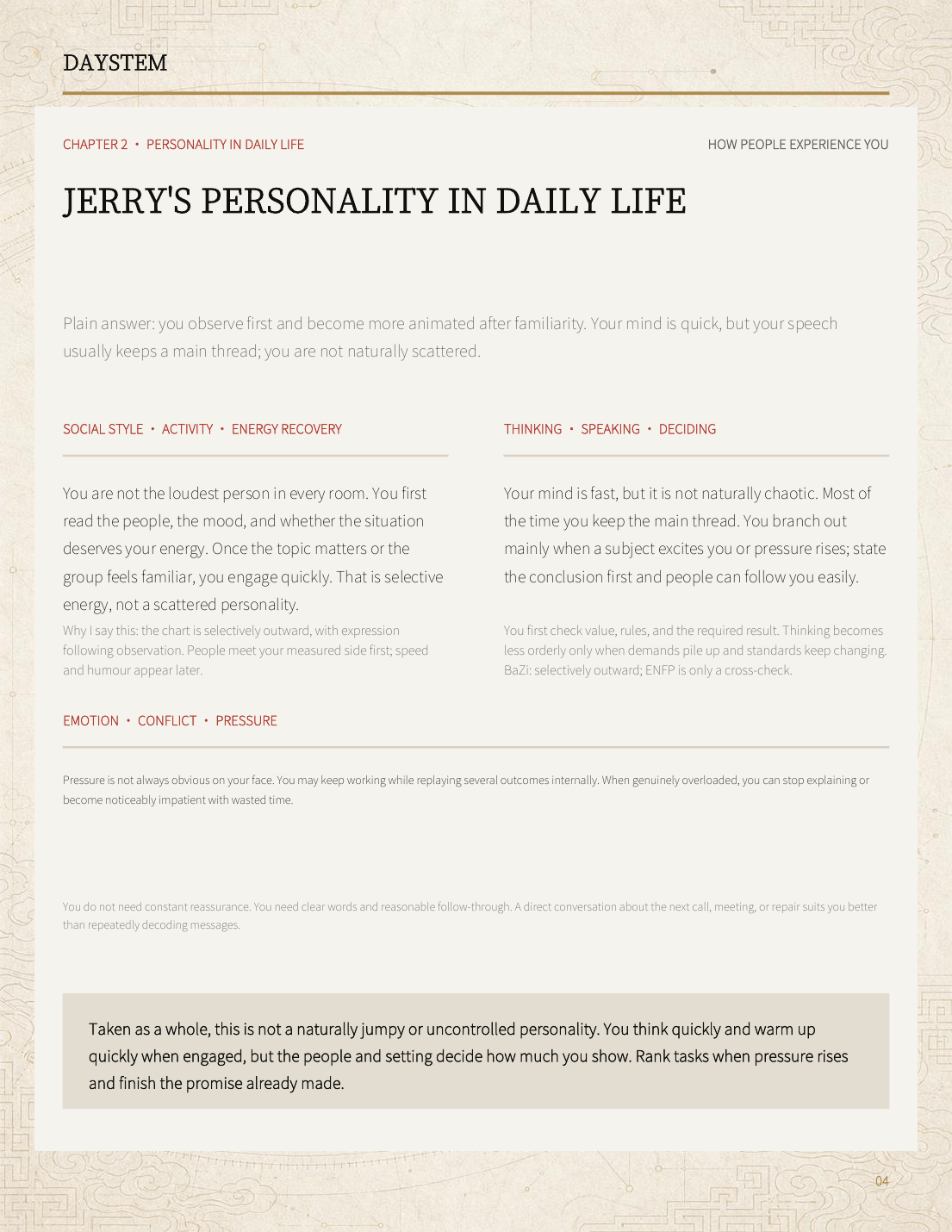 Older DAYSTEM sample report page 4 describing personality in daily life