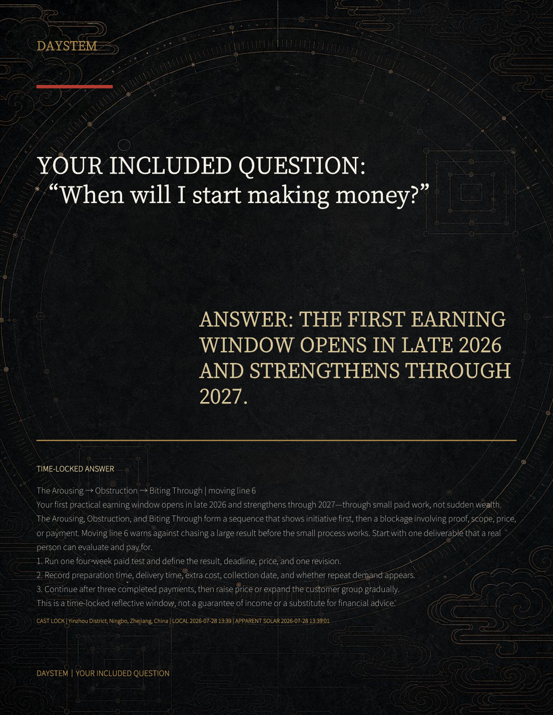 Older DAYSTEM sample report page showing one included client question and its answer